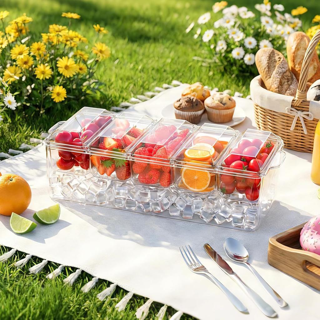 Condiment Tray, Chilled Condiment Server for Home, Party, Celebration, Bar Garnish Holder on Ice,Bar Accessories Fruit,Salad with Removable Trays&Lids