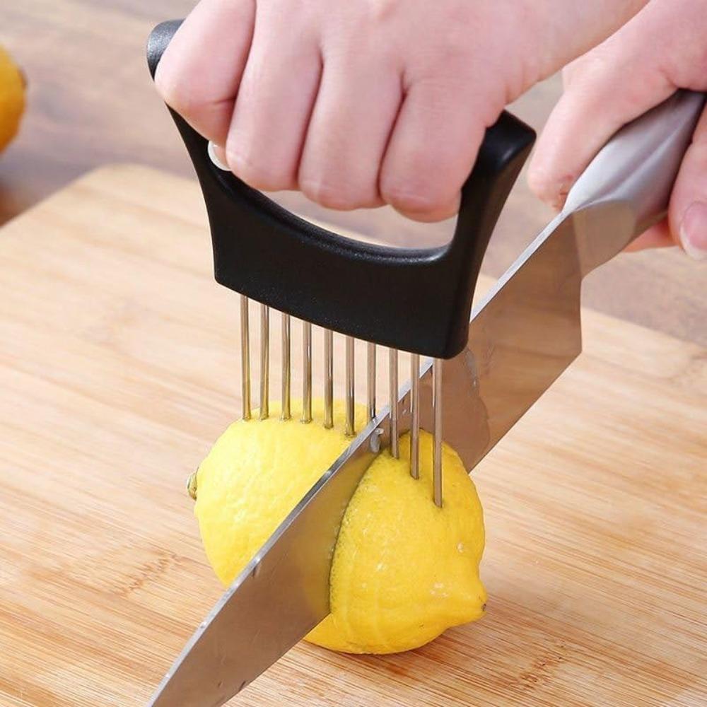 Moeiteloze Uiensnijder Houder Roestvrij Staal Groente Snijvork voor Ui Citroen