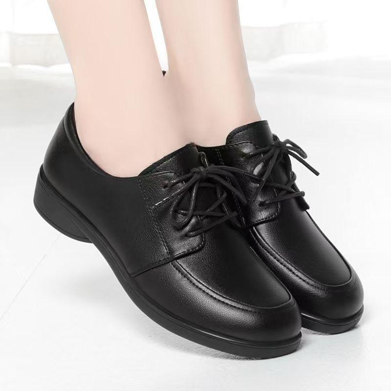 Lace-up work shoes women's black spring and autumn soft leather soft-soled women's shoes are not tired after standing for a long time,