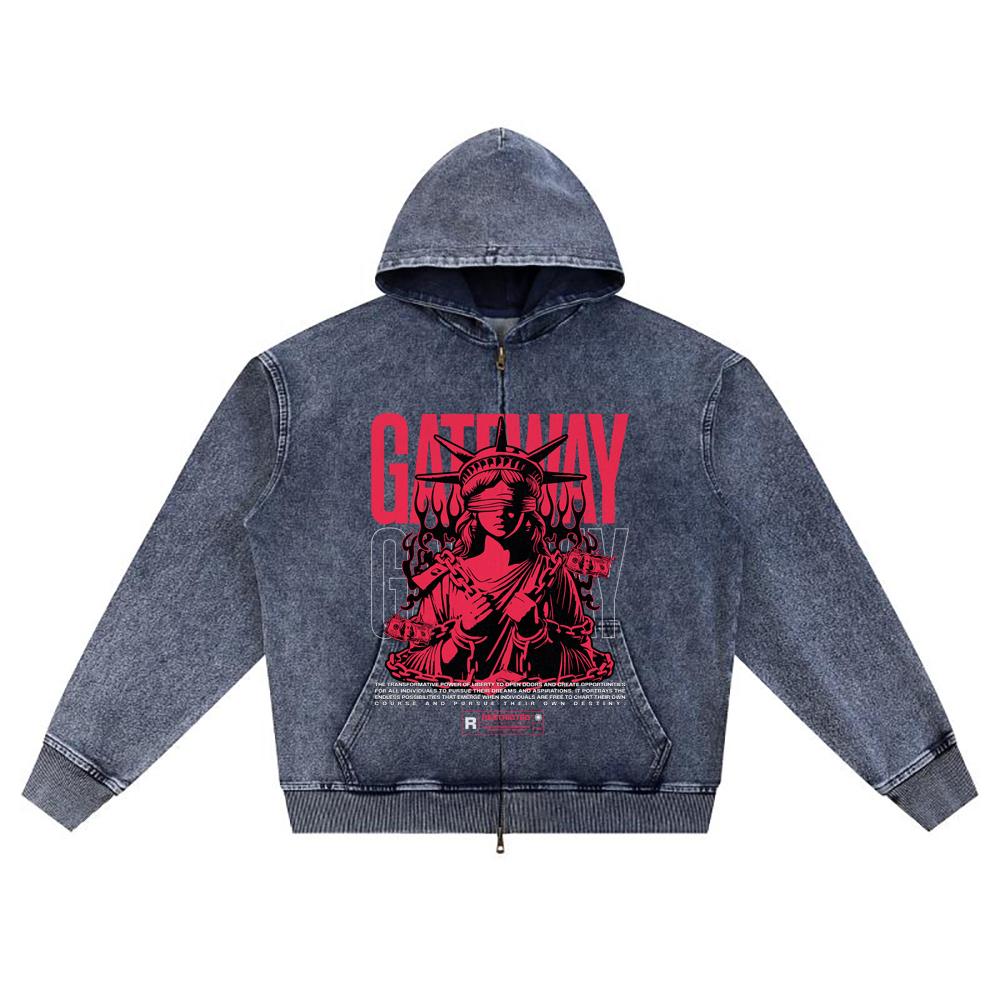 

DTG print Knitted Denim Zip-Up Hoodie Gateway Brother Print Zipper Hoodies XL темно-синий