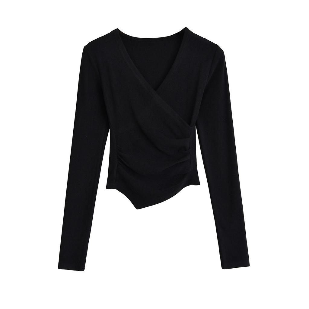 Damen scharfes V-Ausschnitt gefaltetes langärmeliges figurbetontes schickes T-Shirt