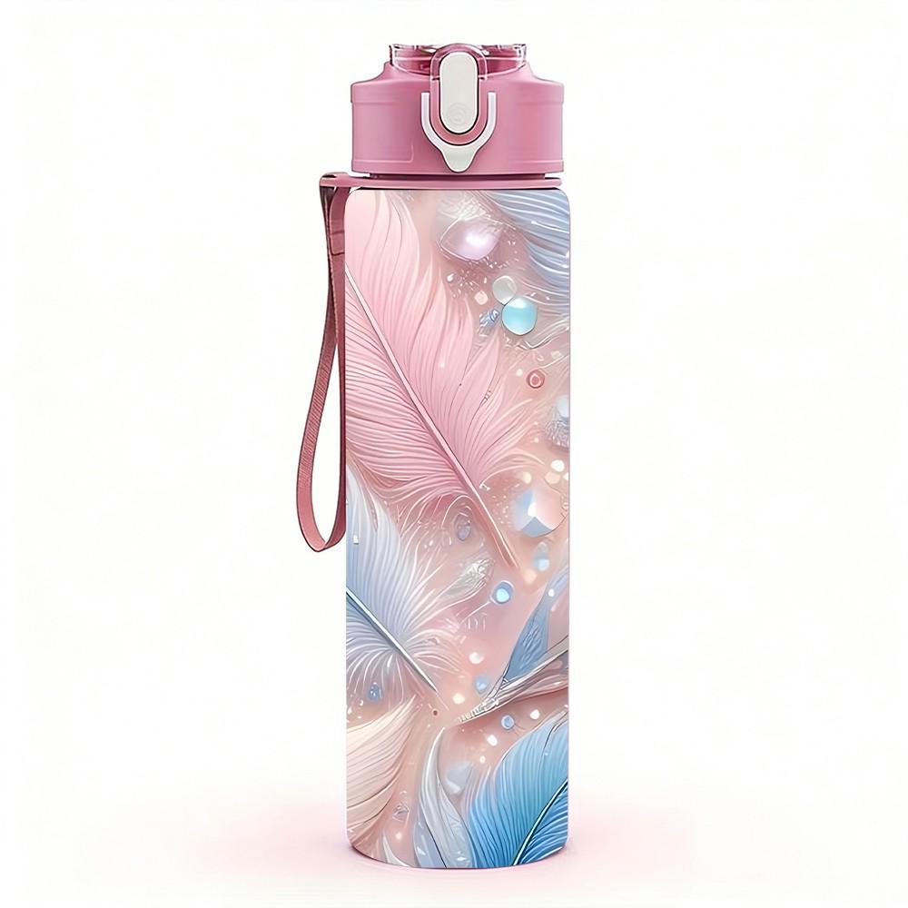 1PC Soft Pastel Feather Art Pattern 750ml Color Plastic Sports Water Bottle Leakproof Flip Straw Lid Suitable for Sports Office Home Use