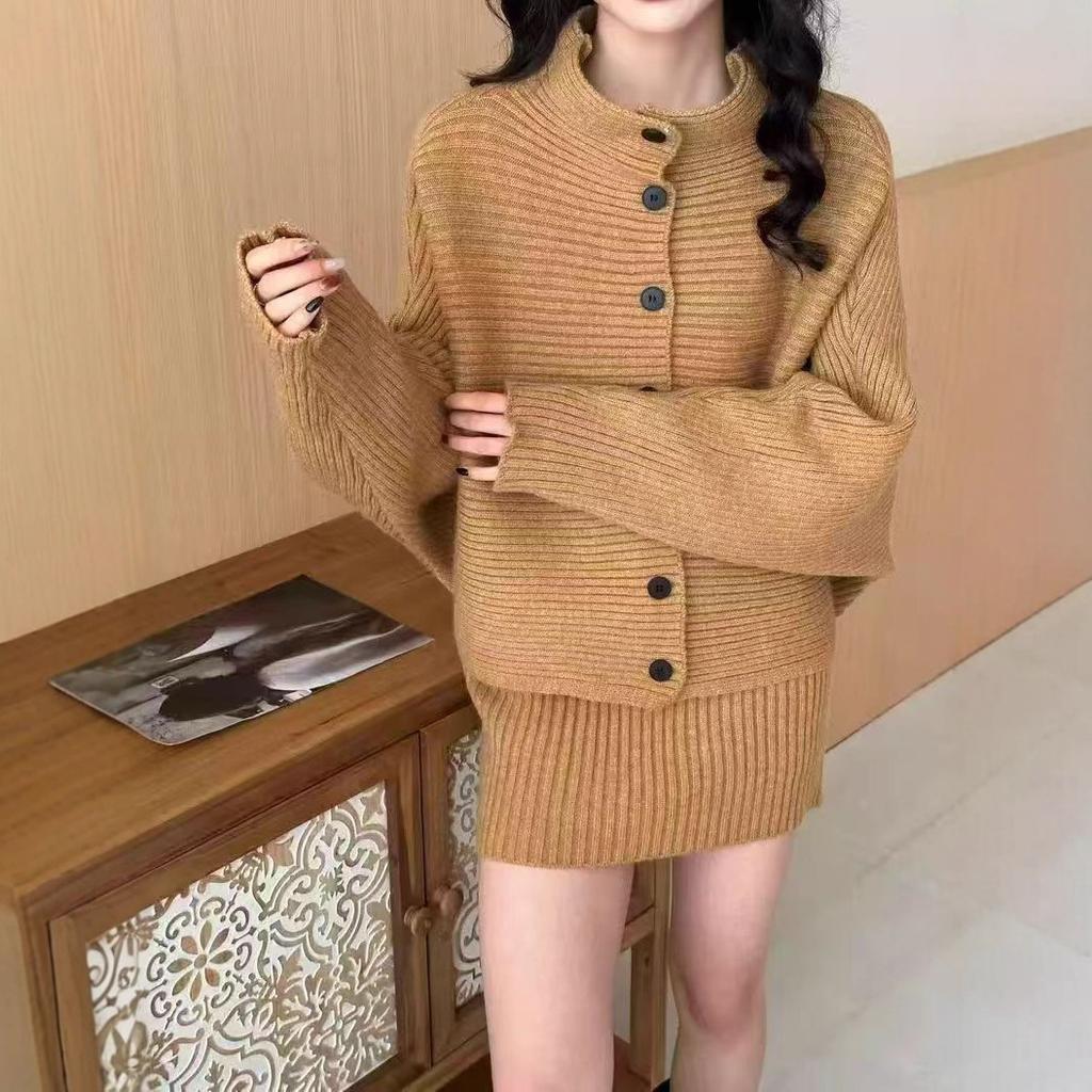 Autumn and winter new loose casual knitted turtleneck long-sleeved sweater women's cardigan top + skirt two-piece set