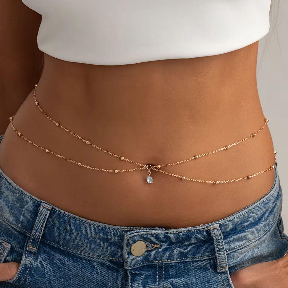 KunJoe Fashion Double Layer Glass Drill Waist Chain Women Simple Gold Color Metal Cross Bead Body Chain Bikini Jewelry Acessory
