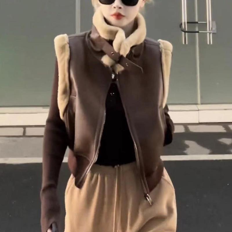 

Зимняя винтажная свободная короткая куртка с высоким воротом, женская уличная шикарная однотонная безрукавка, женский дизайн Y2k, натуральная двусторонняя куртка на молнии XL темно-коричневого
