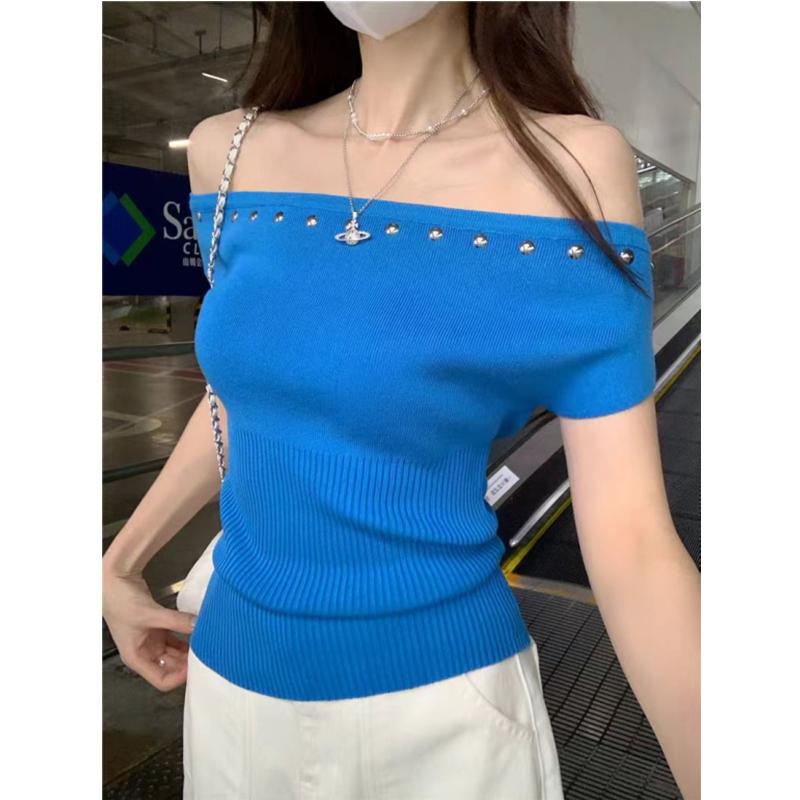 Mode Schulterfrei Kurzarm Elegant Nieten Pullover Gestrickt Damen Bluse Slim Fit Einfacher Pullover Einfarbig T-Shirt Y2k Lässiges Oberteil Kleidung