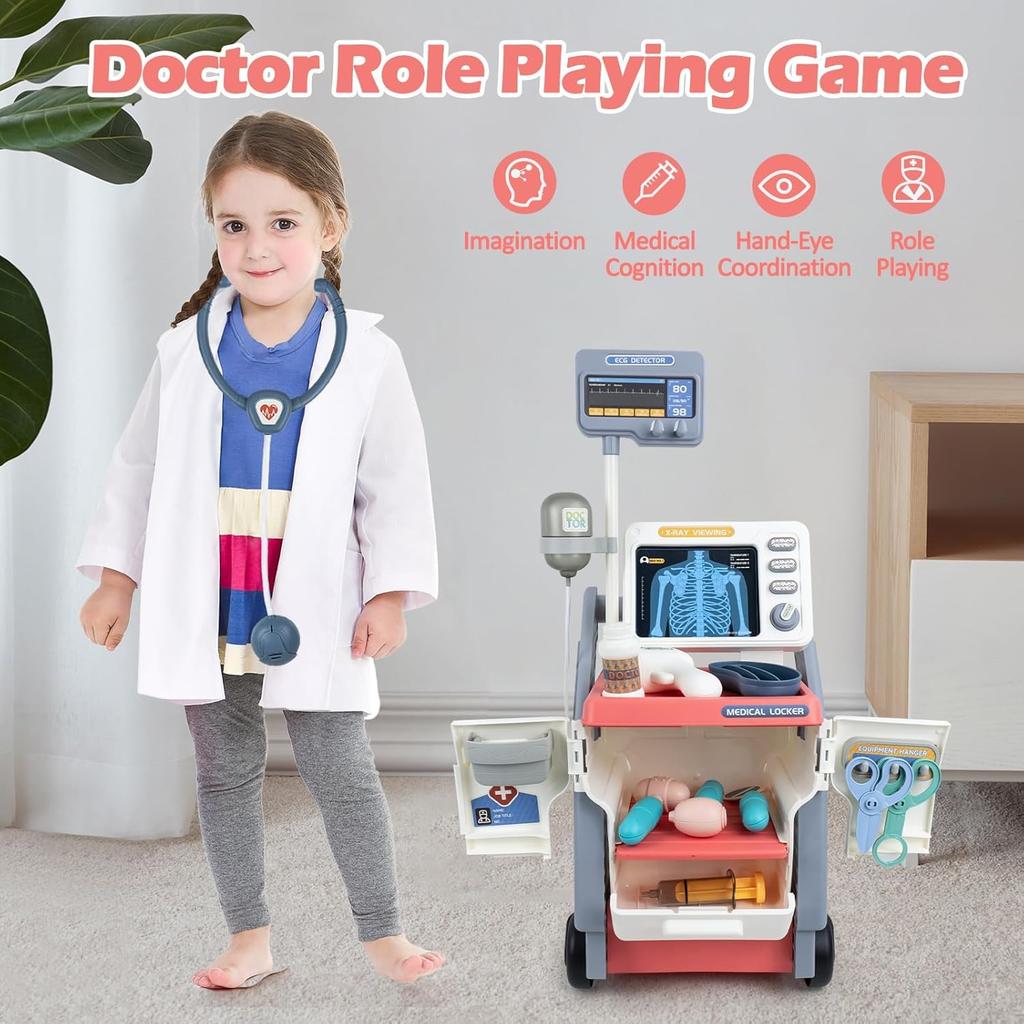 Pretend Play Doctor Kit for Kids with Cart Stethoscope Doctor Kit for Toddlers Role Play Medical Toy Birthday Gift for Girl Boy