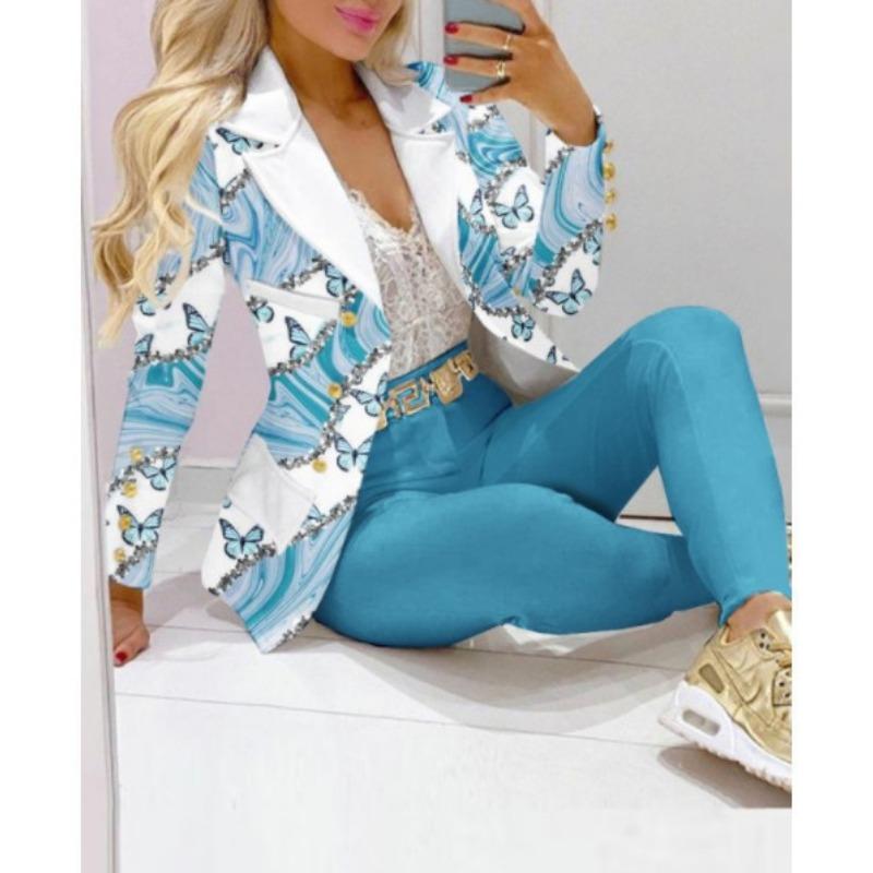 VEZFAA Women's Fashion Casual Spring Autumn Long Sleeve POLO Neck Trousers Pants Suits