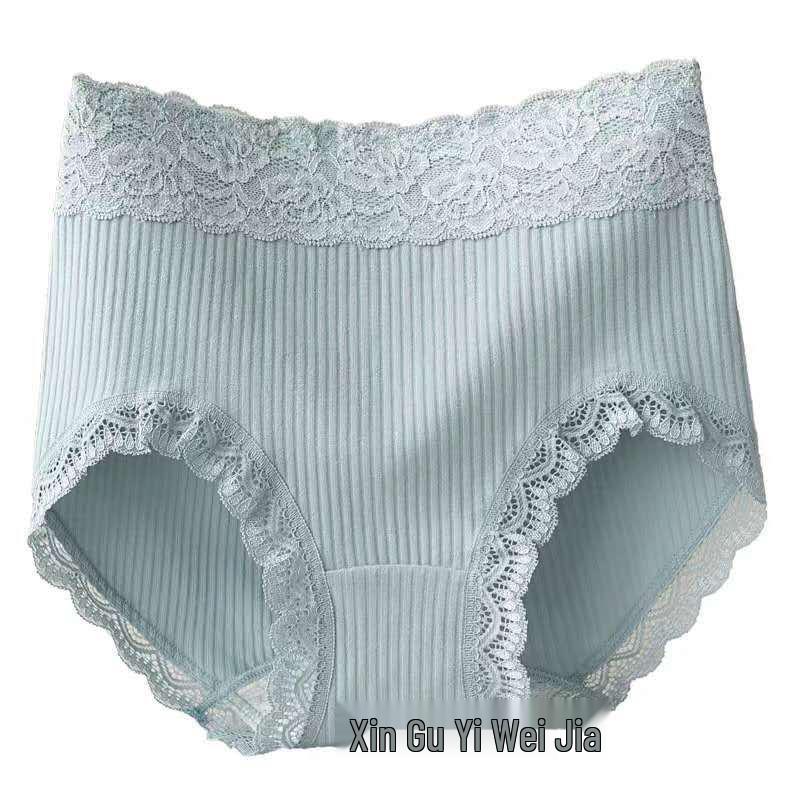 Plus-Size Women s Sexy High-Waisted Tummy-Control Lace-Trimmed Cotton Panties XXL средний синий