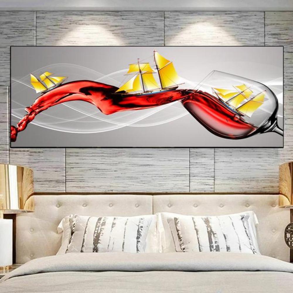 Modern Abstract Golden Wine Glass Boat Canvas Painting Posters and Prints Wall Picture for Living Room Home Decor No Frame