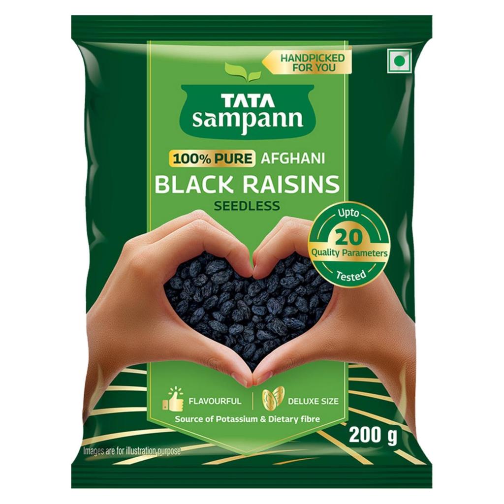 TATA Sampann Afghani Black Raisins Seedless 100% Pure Kali Kishmish Delicious Snack Rich In Potassium and Fibre 200 G Pack