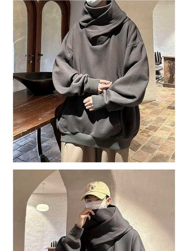 Męska bluza z kapturem oversize z wysokim kołnierzem w stylu czarownika - Jesienno-zimowa kurtka funkcyjna dla osób z fobią społeczną