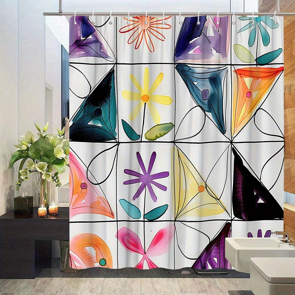 1pc Floral Pattern Shower Curtain Creative Natural Style Bathroom Decoration Polyester Fabric Contains 12 Hooks