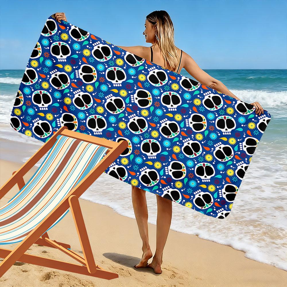 Buntes Schädel-Fiesta-Print Strandtuch, schnell trocknend, geeignet für Reisen, Outdoor-Sportarten, Joggen, den Strand und Schwimmen, Geschenk