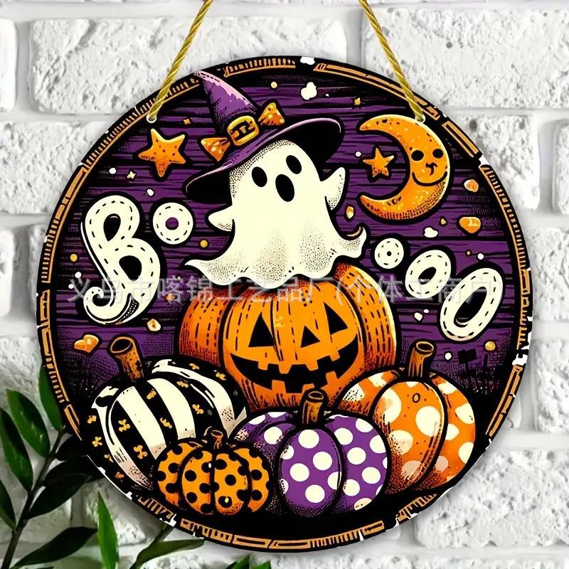 Halloween Bat Wings & Vampire Black Cat Door Hanger - Wooden Ghost Festival Front Door Decoration
