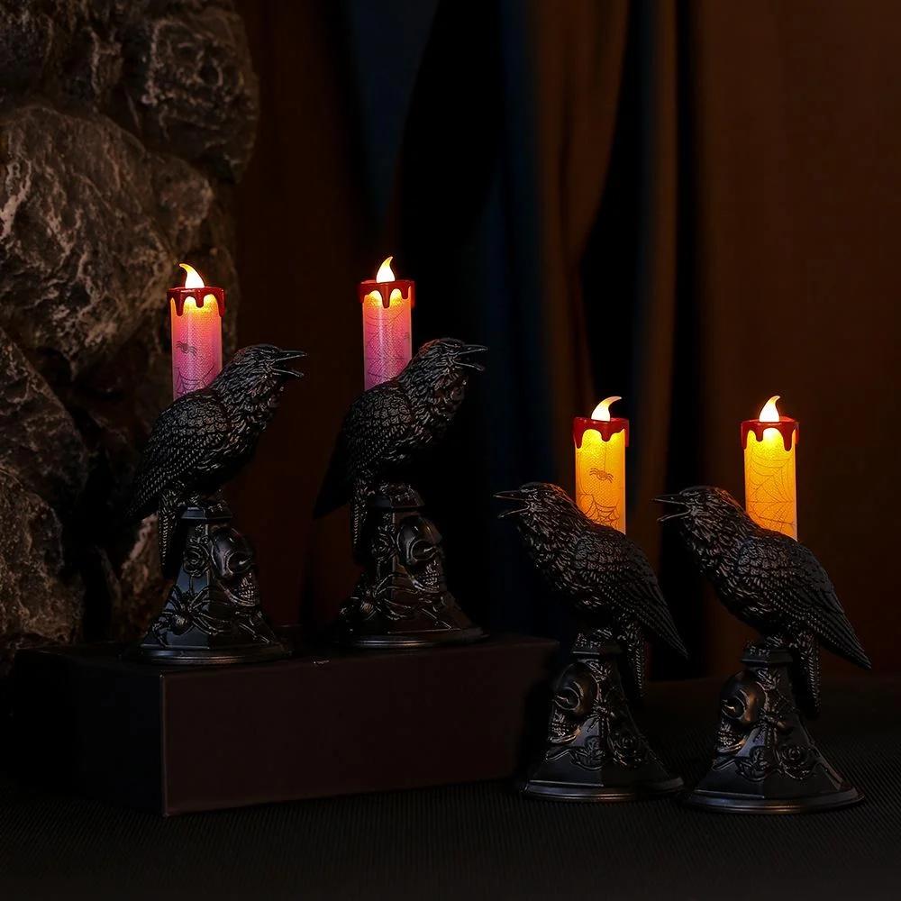 New Black Crow Statue Halloween Home Decor Luminous Candlestick LED Candle Light Horror Desk Lamp Decoration Party Decoration