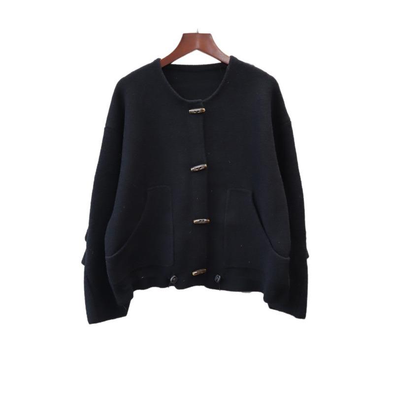 Autumn and winter new horn buckle casual loose versatile knitted double-sided cardigan fashion sweater jacket women