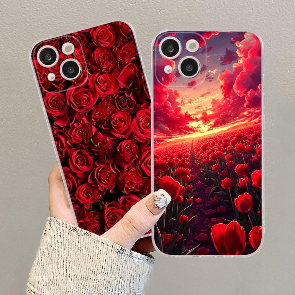 Red Roses Flowers Phone Case Silicone Soft For Iphone 16 15 14 13 12 11 Pro Mini XS MAX Plus X Cover