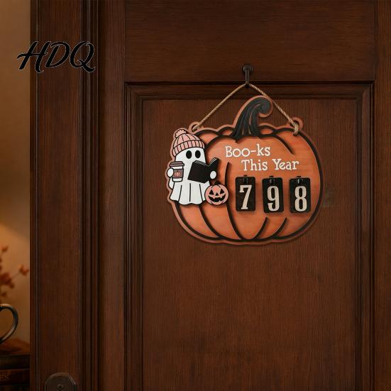 Book Read Counter Halloween Ghost Pumpkin Reading Tracker Wooden Hanging Sign Sliding