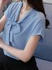 Shirt Blouse Chiffon Short Sleeve Cut and Sew Pullover French Sleeve 7001 Bowtie Shirt Light Blue Lightweight Stylish Office Lady Shirt 7001 [Lunar