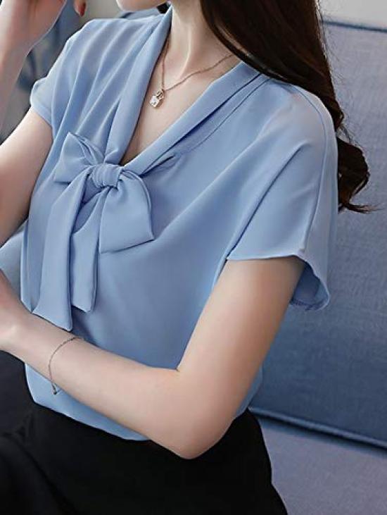 Shirt Blouse Chiffon Short Sleeve Cut and Sew Pullover French Sleeve 7001 Bowtie Shirt Light Blue Lightweight Stylish Office Lady Shirt 7001 [Lunar