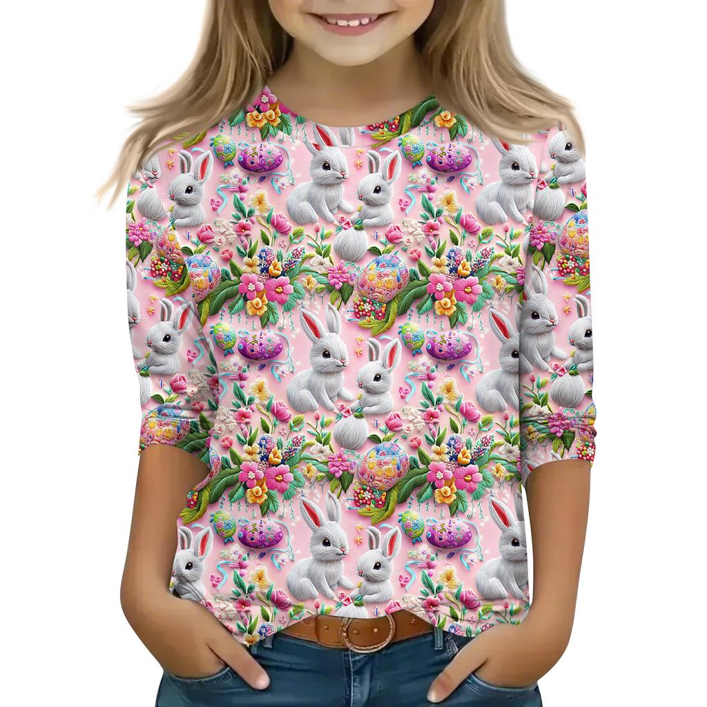 Print Tops For Youth Girls Round Neck 3/4 Sleeves T-Shirts Trendy Tops Outfit Tees