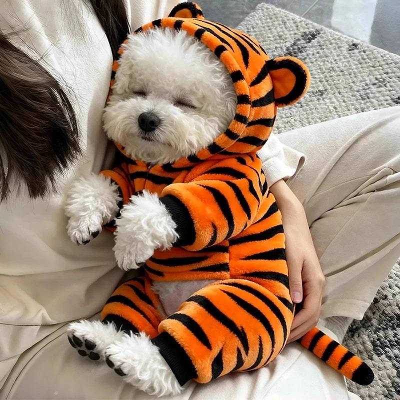 Warm Fce Lined Autumn Winter Dog Clothes Tiger Transformation Suit for Bichon Pomeranian I Fold S Four Legged Suit