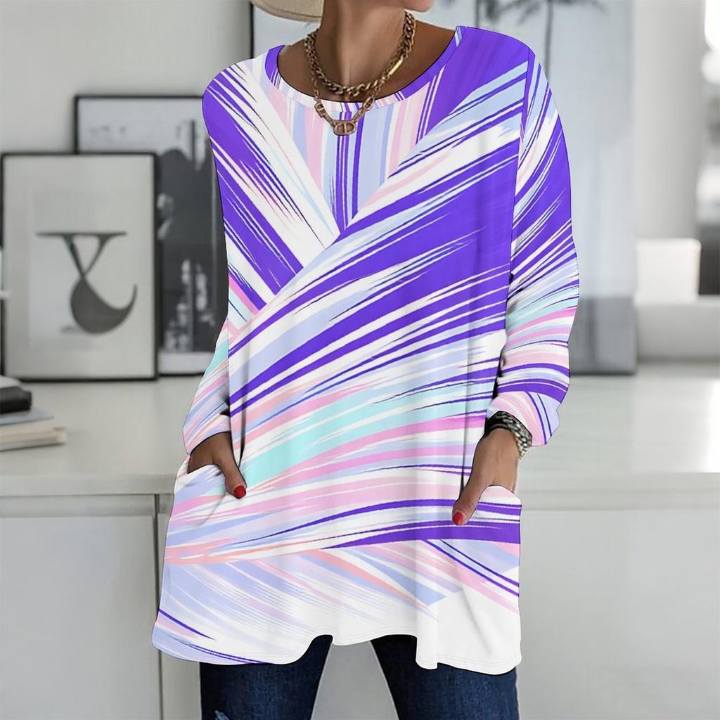 Ladies Round Neck Oversized Long Sleeve T Shirt Soft Comfort Tops For Indoor Daily Wear