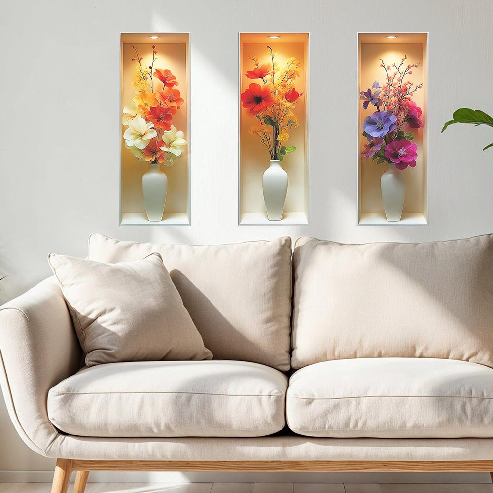 Artificial Flower Potted Plant Triptyl Stickers for Beautifying The Living Room and Dining Room Walls
