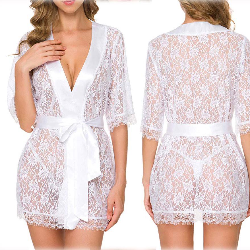 European and American Style Sexy Women's Lace Hollow-Out Lingerie Nightgown Set