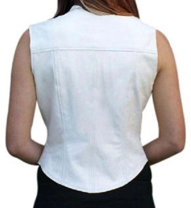 Fancy Party Lambskin White Stylish Women Leather Vest Coat Winter Waistcoat