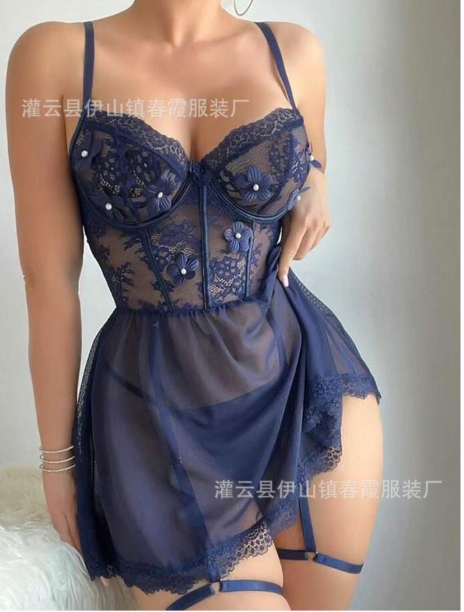 Black Straps, Breast-showing Underwear, Sexy Mesh Set, European and American Pajamas.