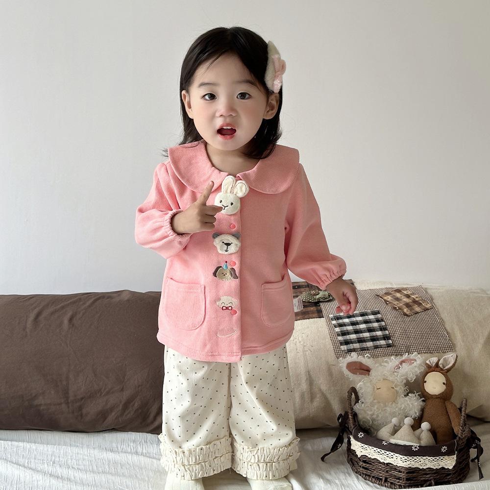 2025 Girls' Korean Style Peter Pan Collar Cardigan - Fashionable Spring/Autumn Baby Outerwear Top Set