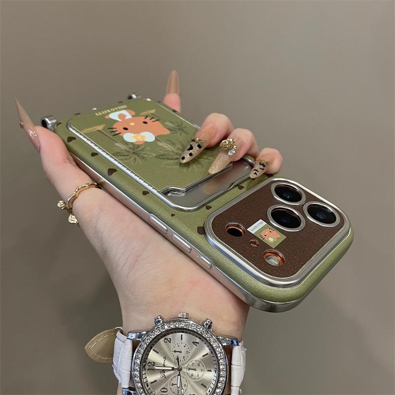 Green Coconut Tree Cat Design iPhone 17 Pro Case with Apple 16 Pro Mirror Card Holder & 15 Pro Compatibility
