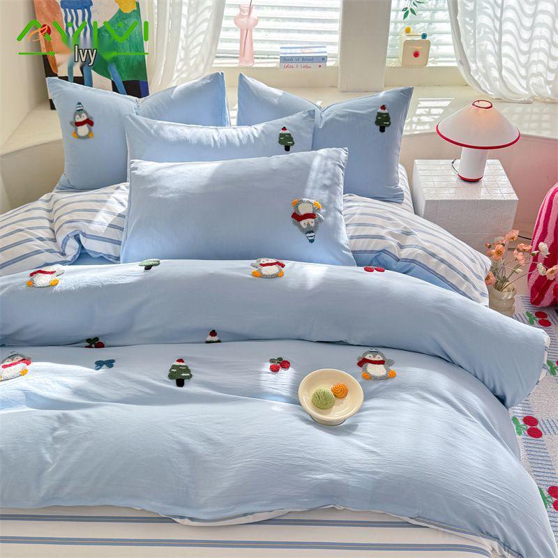 G5Z Washable Cartoon Towel Quilt Cover & Bed Sheet Set - 4 Pieces for Dormitory, All Seasons
