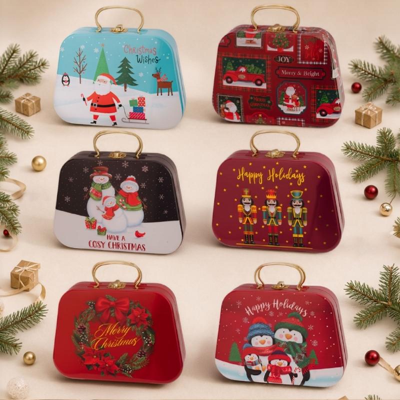 Holiday Gift Tin Box Christmas Metal Treat Container with Handle and Lid Closure for Small Gifts, Dessert Table Use