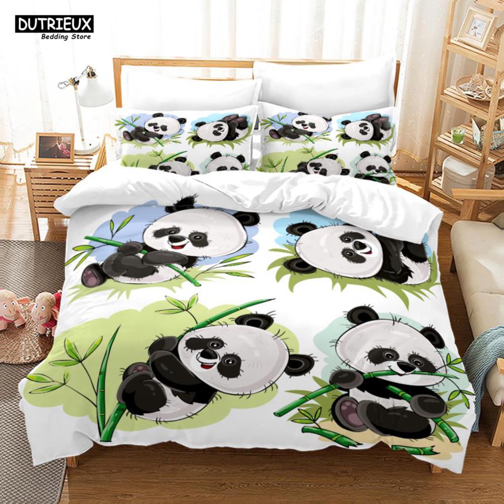 Cartoon Chinese Panda Bedding Set Soft Microfiber Double Queen King Twin Duvet Cover Kids Girls Room Decor White Duvet Cover