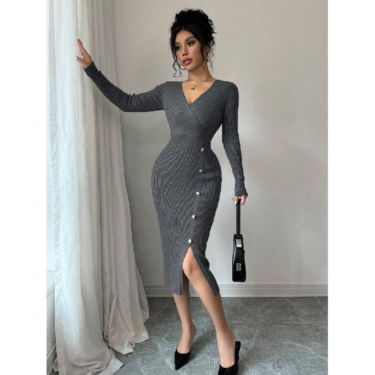Dámský pletený zavinovací svetr s vysokým pasem, bodycon základní vrstva, spodní prádlo, středně dlouhý, s výstřihem do V, dlouhý rukáv, polyester, podzim zima