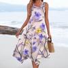 Abito lungo da donna casual, senza maniche, con scollo rotondo, stampa floreale vintage e orlo irregolare
