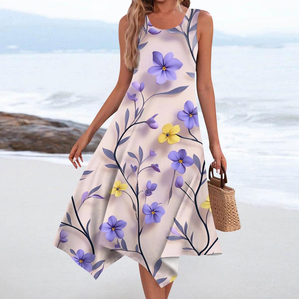 Abito lungo da donna casual, senza maniche, con scollo rotondo, stampa floreale vintage e orlo irregolare