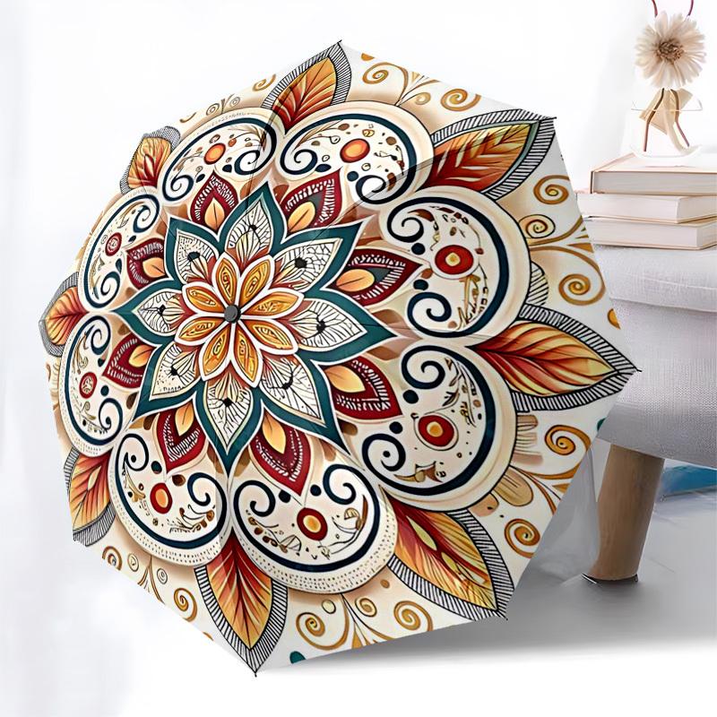 

1pc Autumn Mandala Folding Umbrella - Portable 3-Fold Design with Iron Frame, Perfect for Outdoor Use, Festive Gifts, Travel, Daily Use, Fans.J007