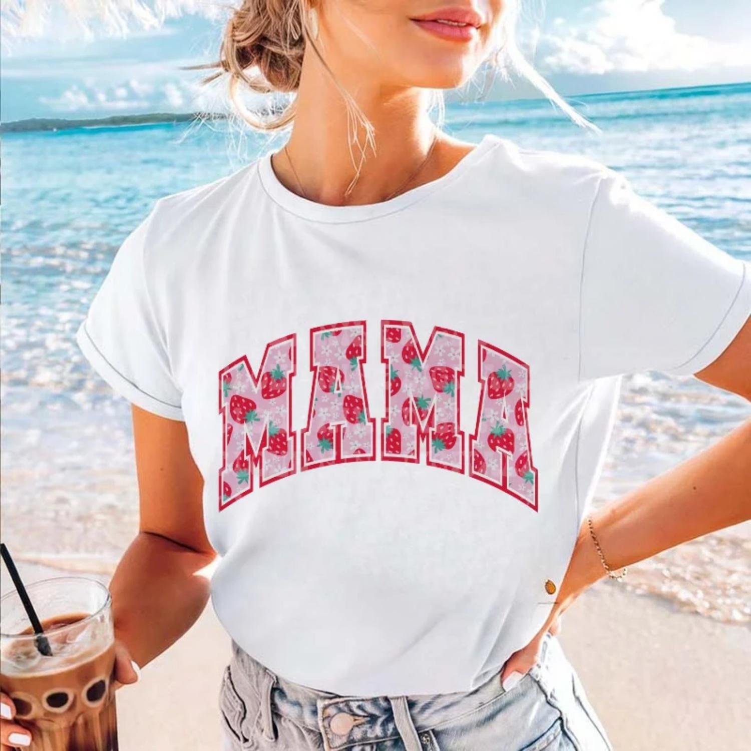 Strawberry Printed Letter Mama Pattern Cute Women s T-Shirt Fashionable O-Neck Printed Short Sleeved Casual Cartoon Women s T-Sh S