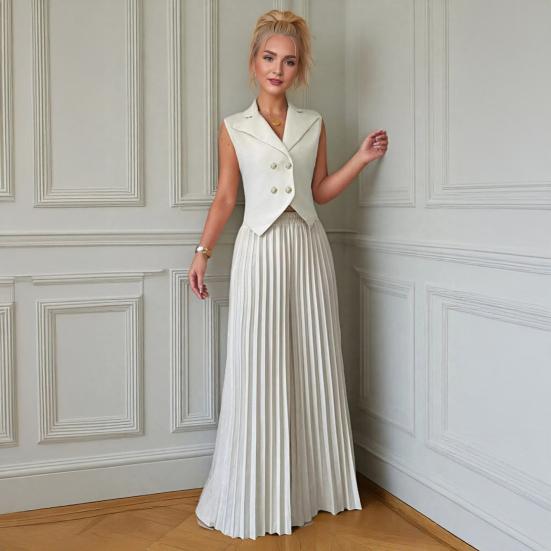 Damen 2-teilige Westen-Sets Ärmellos Knopfleiste Crop Blazer Weste Und Weite Faltenhose