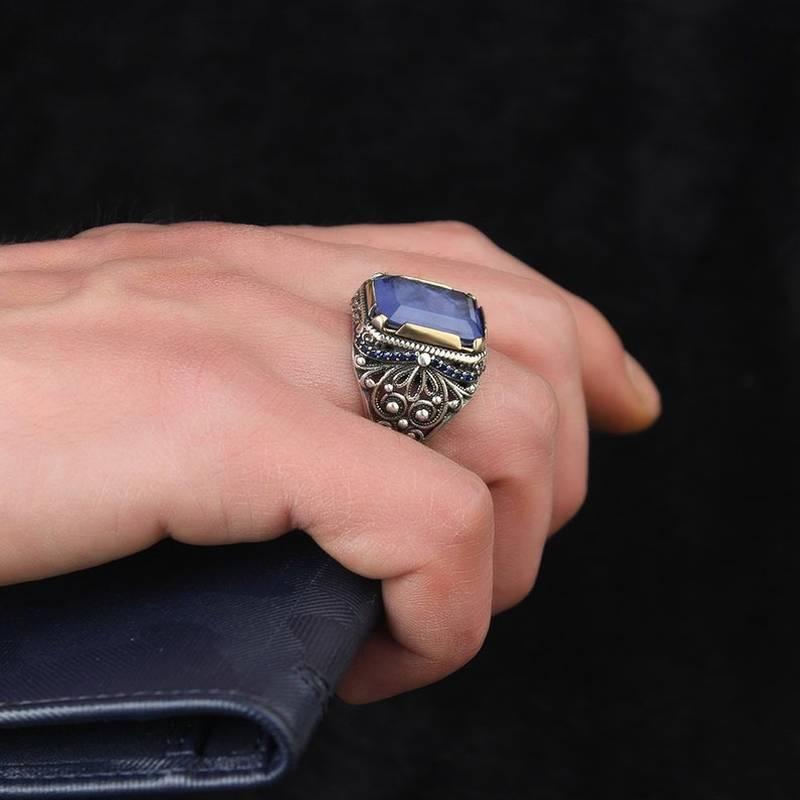 Inele cu sigiliu turcesc de epocă lucrate manual pentru bărbați, metal, culoare argintie, incrustate cu zircon albastru, bijuterii pentru petrecere punk motociclist