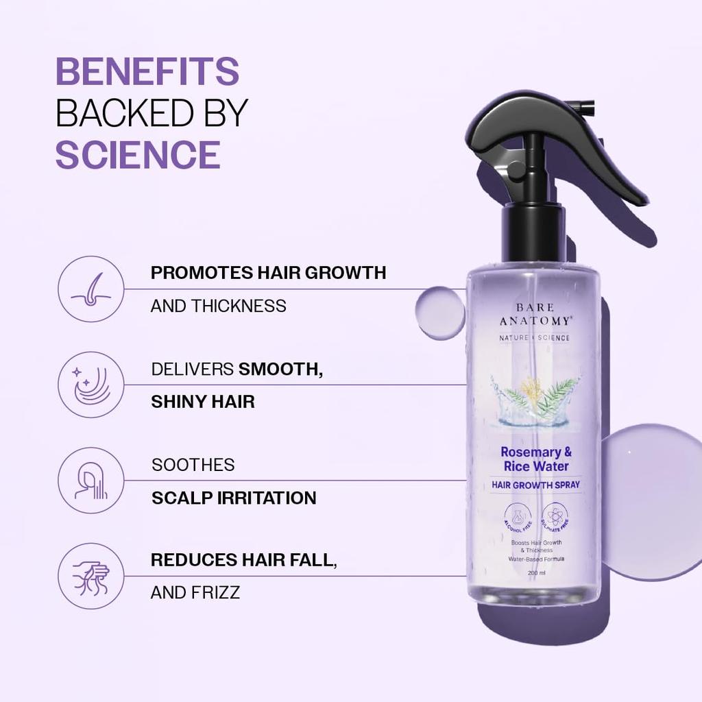 Bare Anatomy Natura X Scienza Spray all'Acqua di Rosmarino Per la Crescita e lo Spessore dei Capelli Con Acqua di Riso|Estratto 100% NaturaleNon Grasso e a Rapido Assorbimento|200 Ml
