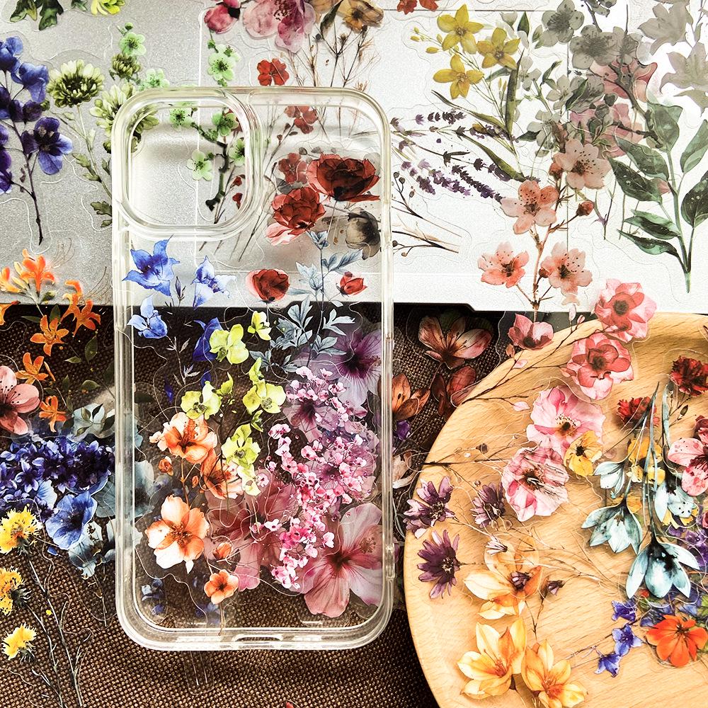 

50 Sheets of Stylish Floral Ink Stickers - Transparent PET for DIY Phone Cases, Journals, and Cups