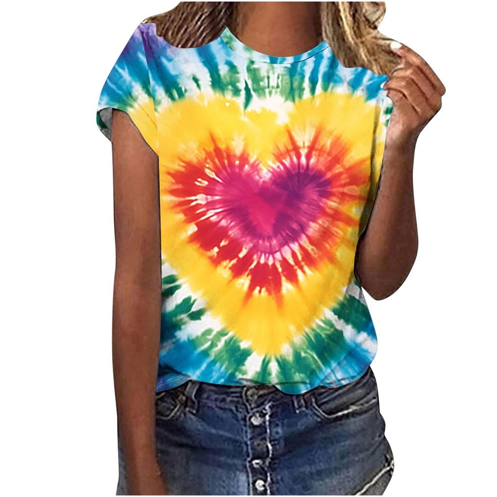 Heart Graphic 3D Print Tie Dye T-Shirts Women O-Neck Short Sleeve T Shirt Streetwear Y2k Harajuku Tees Basic Top Female Clothing