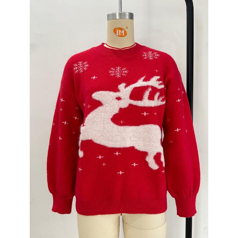 Autumn/Winter Christmas New Year Red Deer Round Neck Sweater Women's Loose Lazy Style Top Versatile Head Knitted Sweater
