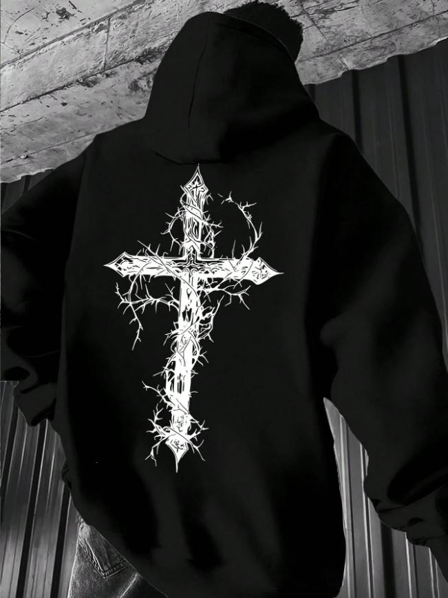 2026 New Unisex Thorn Cross Gothic Hoodie Autumn Winter Streetwear Dark Back Print Hooded Sweatshirt