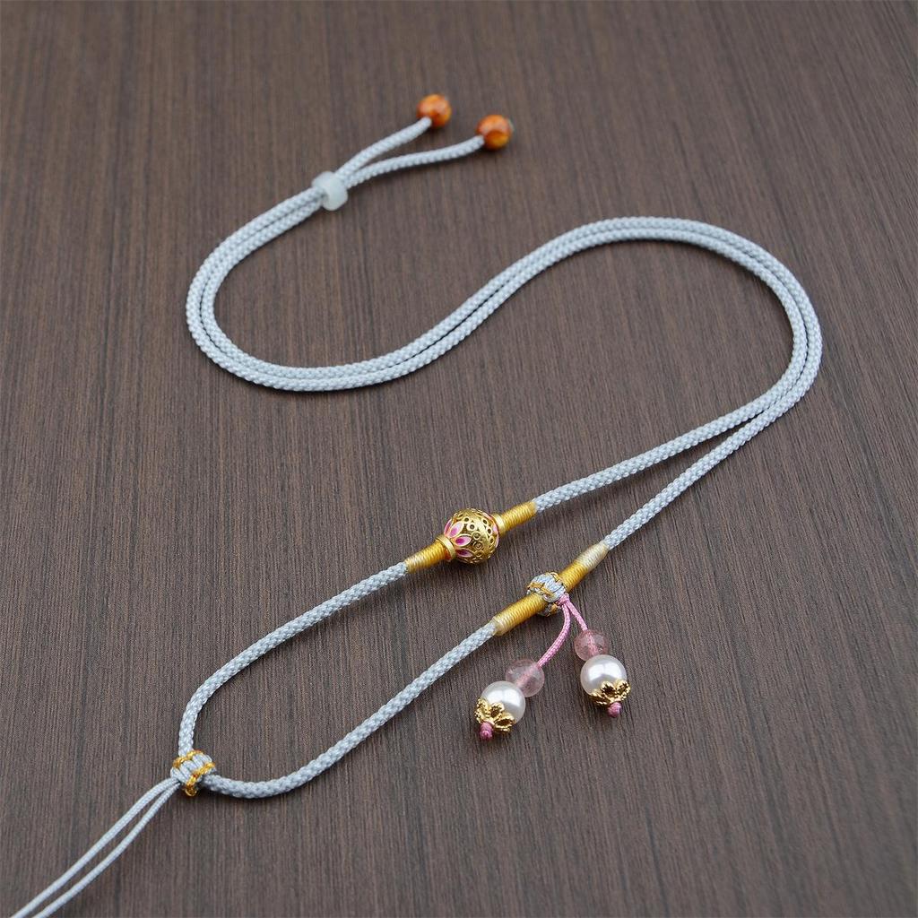 Premium Hand-woven Necklace: Gold Amber, Crystal, and Jade Pendant Cord